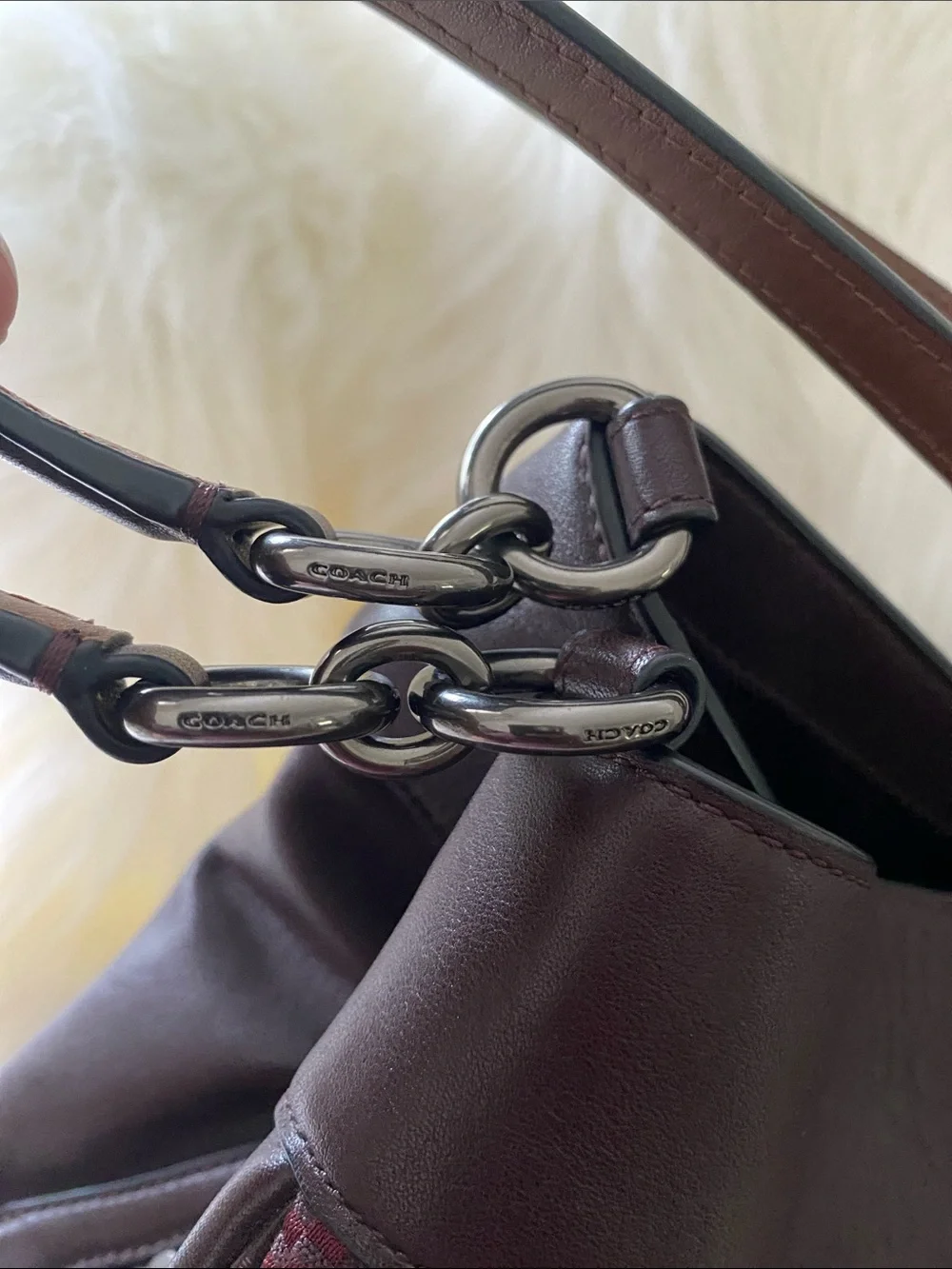 Coach Lexy Carryall Shoulder Bag in Dark Maroon Canvas and Oxblood Leather Trim